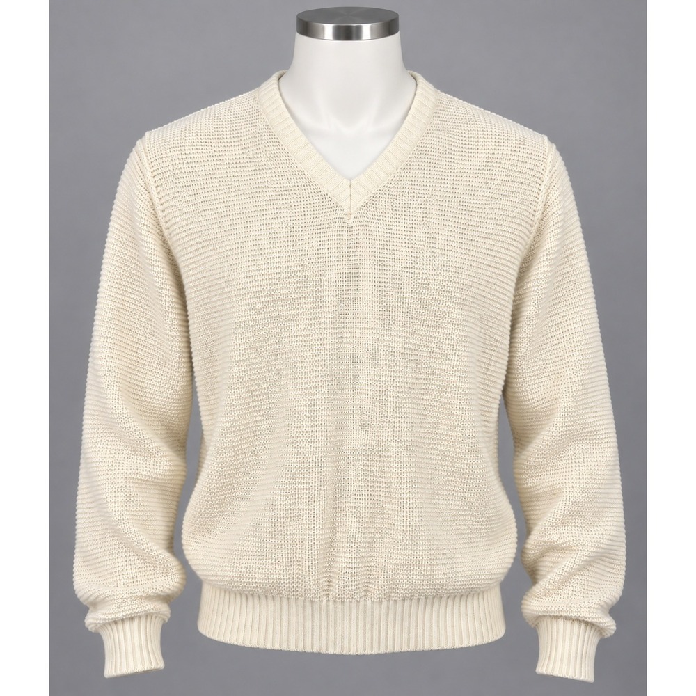 Sundowner V-Neck Sweater Mens Large Cream Vintage Acrylic Textured Knit Vtg